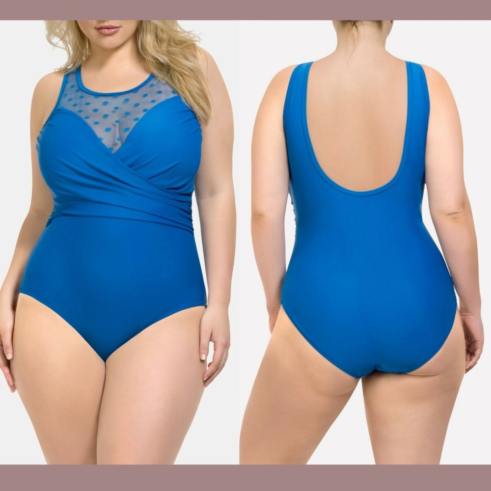 NWT Paramour Ruched Illusion Mesh‎ One-Piece Swimsuit in Blue [SZ 0X ]
